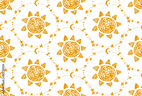 Hand drawn graphic seamless texture with sun and stars and moon crescent. Starry repeating pattern.