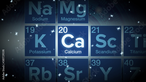Close up of the Calcium symbol in the periodic table, tech space environment.	