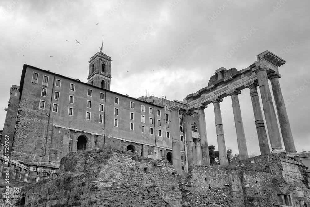 The Tabularium in the Roman Forum of Rome - Black & white photograph. Great view of the Temple of Vespasian and Titus and the Tabularium on the Capitoline hill in Forum Romanum, Rome, Italy