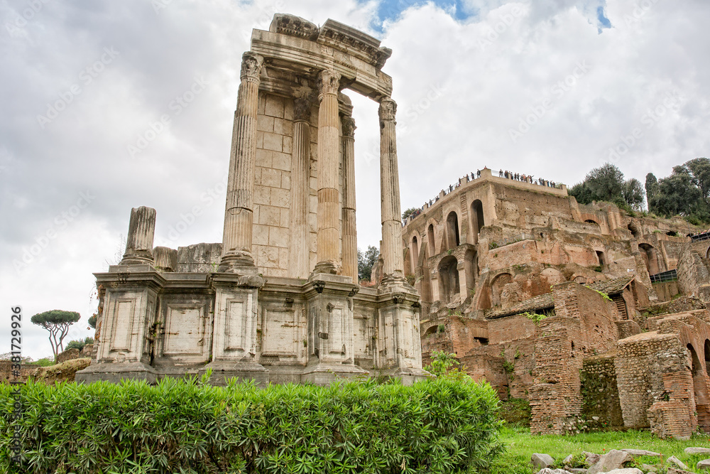 Great  view of the Temple of Vesta from the  Via Sacra - Roman Forum. The ruins the Temple of Vesta in the Roman Forum is one of the oldest temples in Rome, Italy