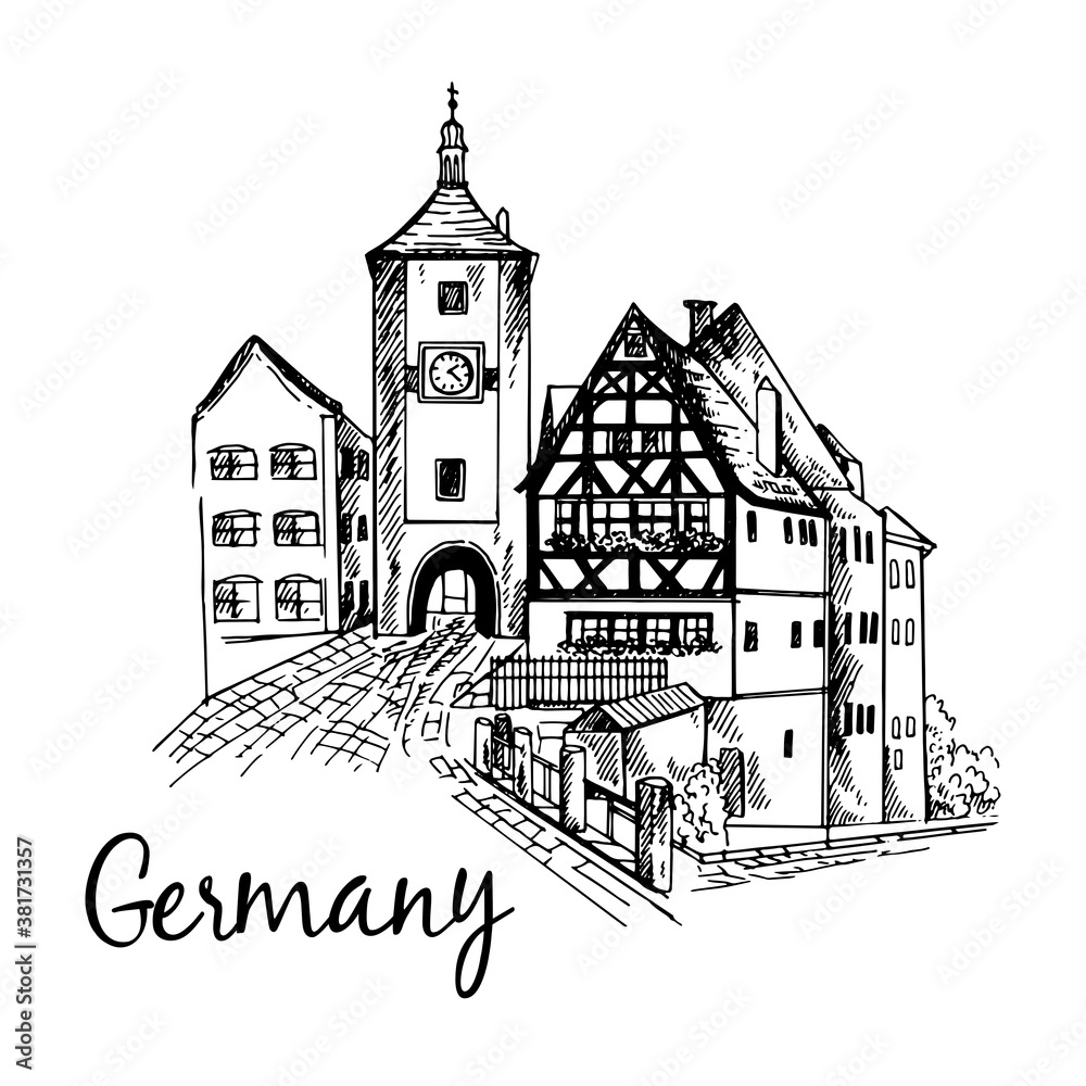 Poster card composition of German city scape isolated on white background. Vector illustration.