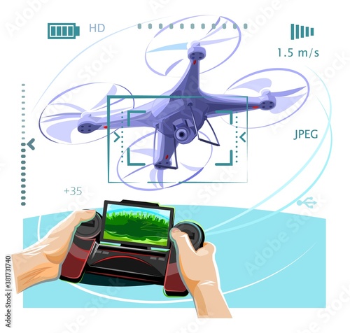 Copter. Drone with a camera. Isolated vector illustrations on white background. Flat style. Flies. Rotation of the propellers. Manual control from a remote control with a display.