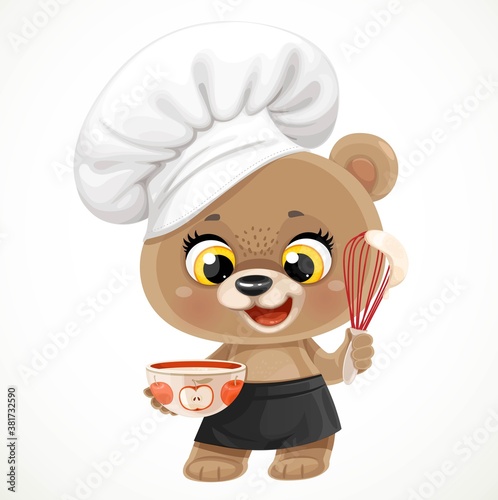 Cute cartoon baby bear with a bowl of dough and whisk isolated on white background