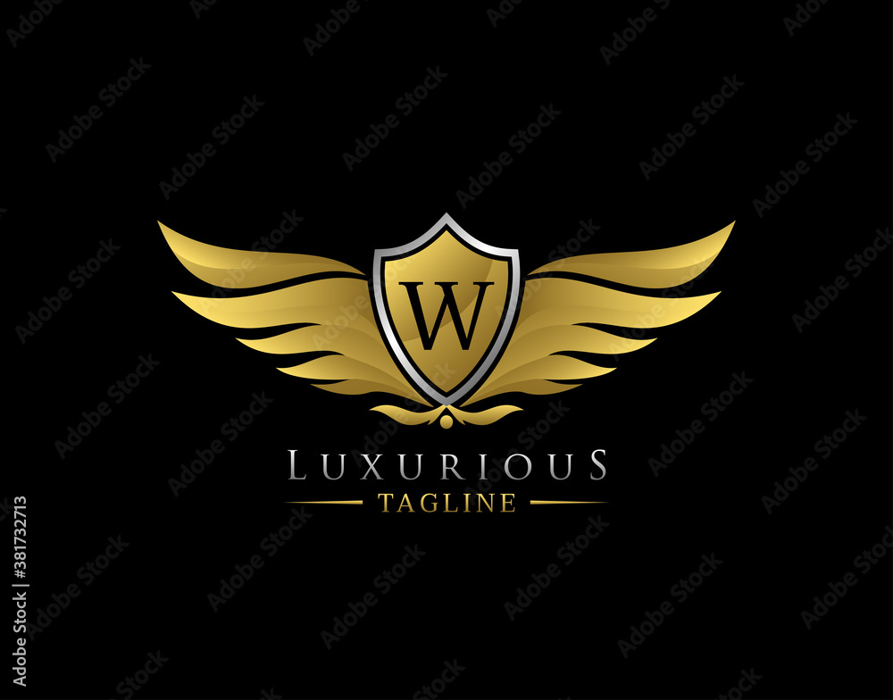 Luxury Wings Logo With W Letter. Elegant Gold Shield badge design for Royalty, Letter Stamp, Boutique, Hotel, Heraldic, Jewelry, Automotive. Luxury Wings Logo With W Letter. Elegant Gold Shield badge design for Royalty, Letter Stamp, Boutique, Hotel, Heraldic, Jewelry, Automotive.