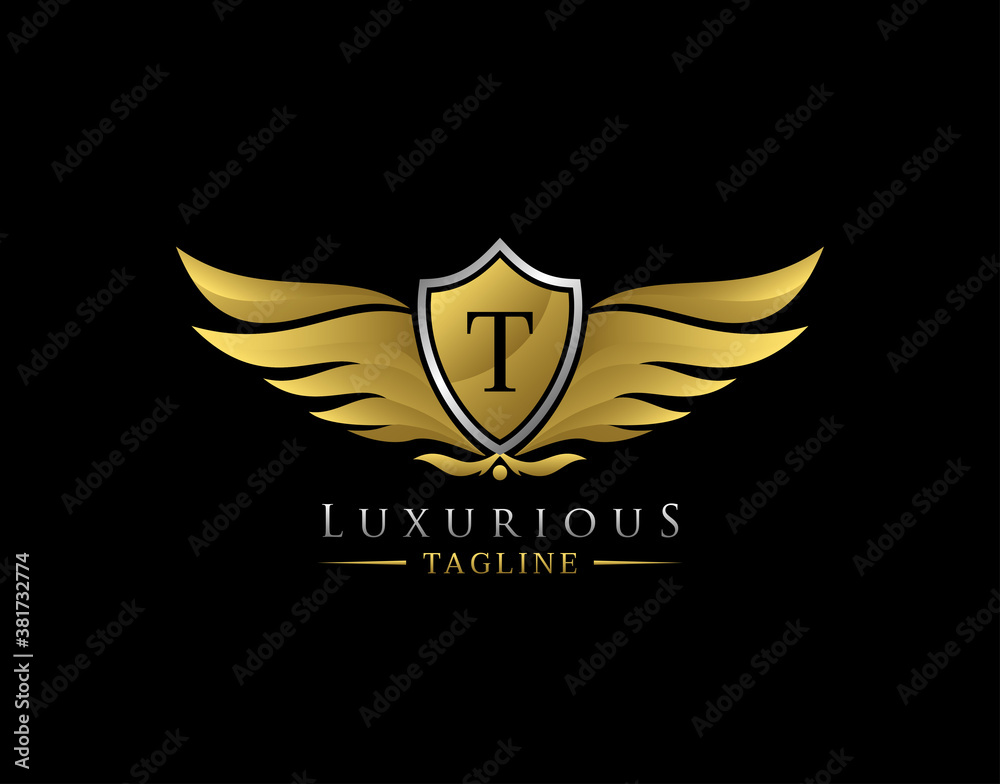 Luxury Wings Logo With T Letter. Elegant Gold Shield badge design for Royalty, Letter Stamp, Boutique, Hotel, Heraldic, Jewelry, Automotive. Luxury Wings Logo With T Letter. Elegant Gold Shield badge design for Royalty, Letter Stamp, Boutique, Hotel, Heraldic, Jewelry, Automotive.