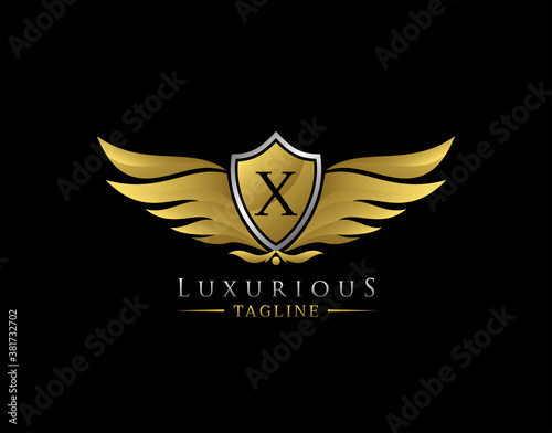 Luxury Wings Logo With X Letter. Elegant Gold Shield badge design for Royalty, Letter Stamp, Boutique, Hotel, Heraldic, Jewelry, Automotive.
