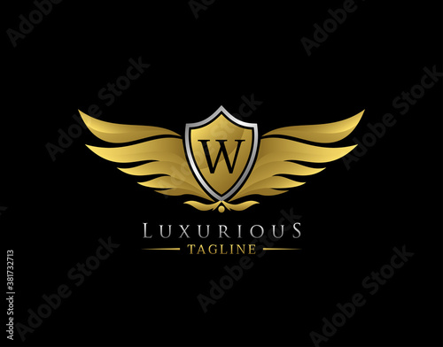 Luxury Wings Logo With W Letter. Elegant Gold Shield badge design for Royalty, Letter Stamp, Boutique, Hotel, Heraldic, Jewelry, Automotive.