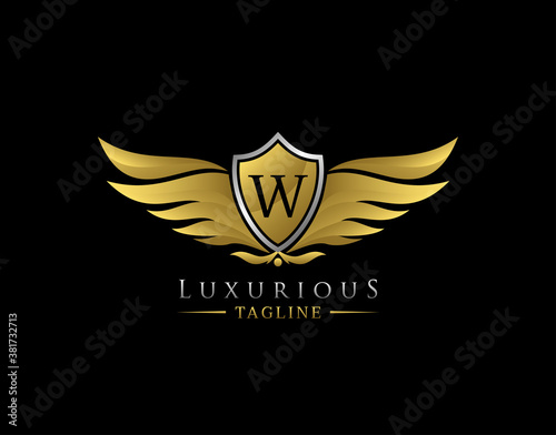 Luxury Wings Logo With W Letter. Elegant Gold Shield badge design for Royalty, Letter Stamp, Boutique,  Hotel, Heraldic, Jewelry, Automotive.