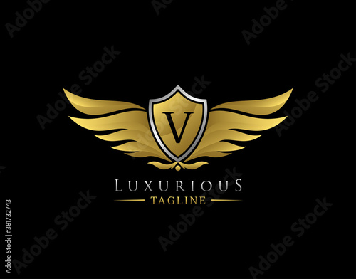 Luxury Wings Logo With V Letter. Elegant Gold Shield badge design for Royalty, Letter Stamp, Boutique,  Hotel, Heraldic, Jewelry, Automotive.