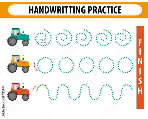 Handwriting practice sheet. Educational children game, printable worksheet for kids. Preschool activity, worksheet for printing, learning to write. Practicing fine motor skills. Trace the lines.	