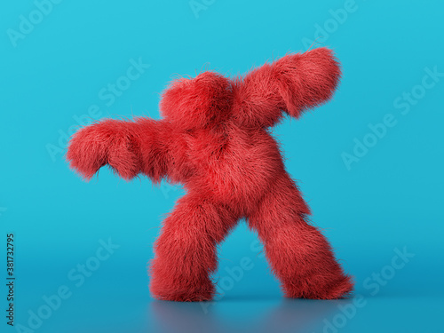 Фотография 3d render, scary furry red beast cartoon character posing, isolated on blue background