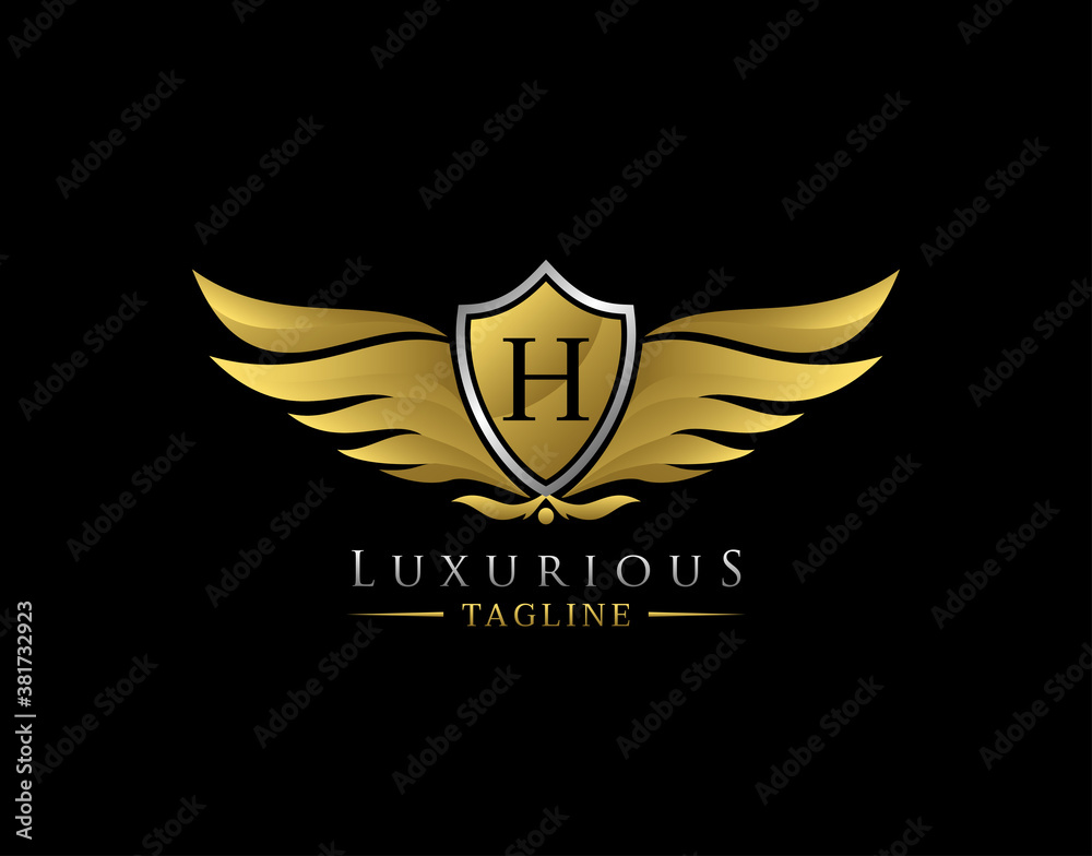 Luxury Wings Logo With H Letter. Elegant Gold Shield badge design for Royalty, Letter Stamp, Boutique, Hotel, Heraldic, Jewelry, Automotive. Luxury Wings Logo With H Letter. Elegant Gold Shield badge design for Royalty, Letter Stamp, Boutique, Hotel, Heraldic, Jewelry, Automotive.