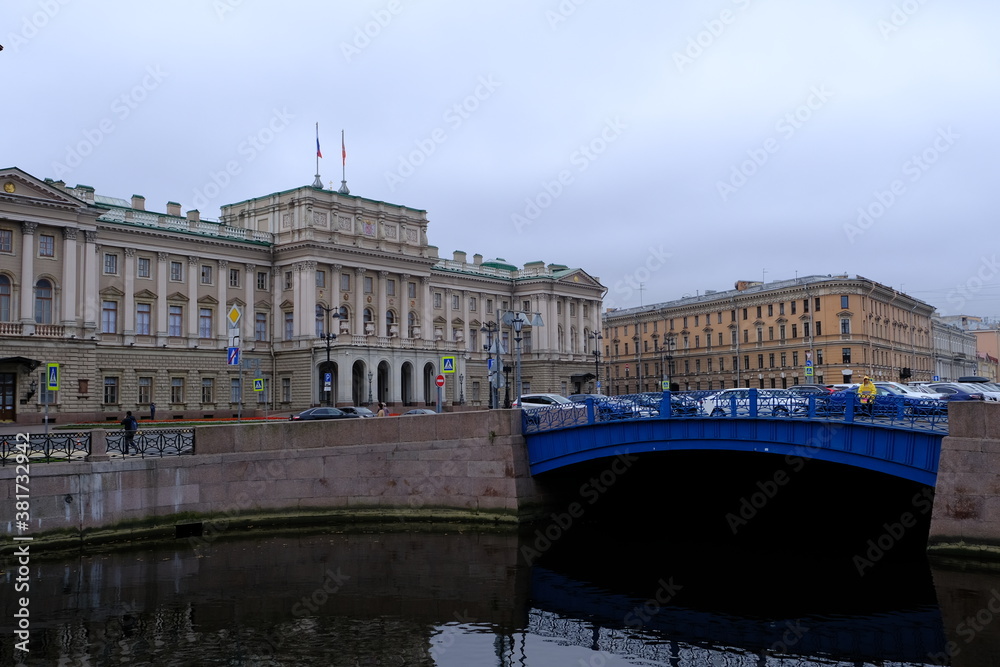 St Petersburg river Moika Blue bridge and Mariinsky Palace end of September 2020