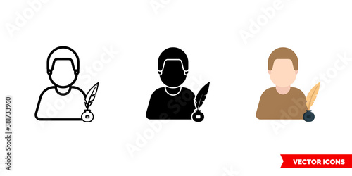 Writer author poet icon of 3 types color, black and white, outline. Isolated vector sign symbol.