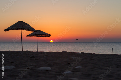 wicker umbrellas and a bird on the beach at sunset © neslihan