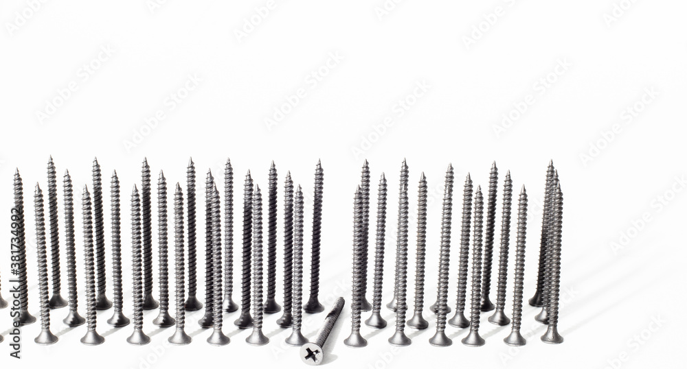 Screw on a white background close-up. Self-tapping screw in golden yellow color for wood, chipboard or plywood with a large head. Screw on a white background close-up. Self-tapping screw in golden yellow color for wood, chipboard or plywood with a large head.