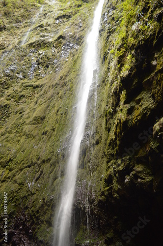 Hiking on the green paths of the levadas and waterfalls on Madeira Island in Portugal