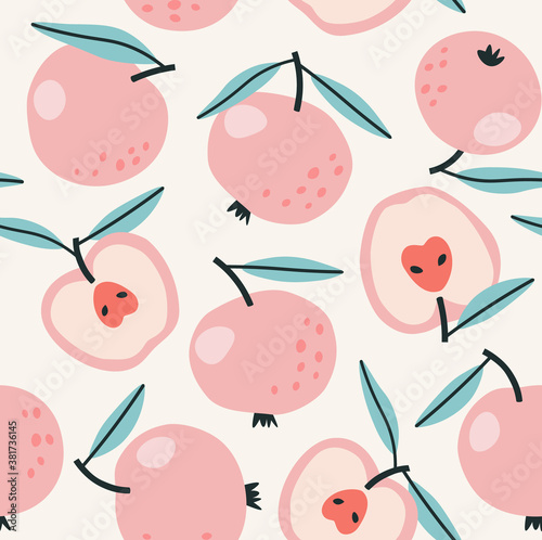 Seamless pattern of pink apple and half of apple background elements on a beige background. Colorful background texture for kitchen, wallpaper, textile, fabric, paper. Vegan food pattern. Hand-drawn.
