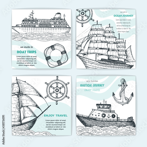 Hand drawn nautical banner set. Sketch illustration. Frigate, boat, cruise ship, anchor, steering wheel, lifebuoy sketch illustration. Sea set.