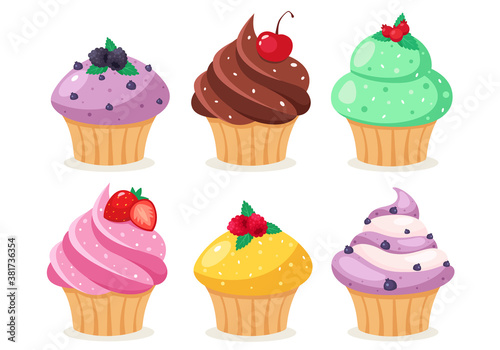 Set of cupcakes on white background. Sweet pastries decorated with cherry, raspberry, strawberry, blueberry. Vector illustration in flat style.