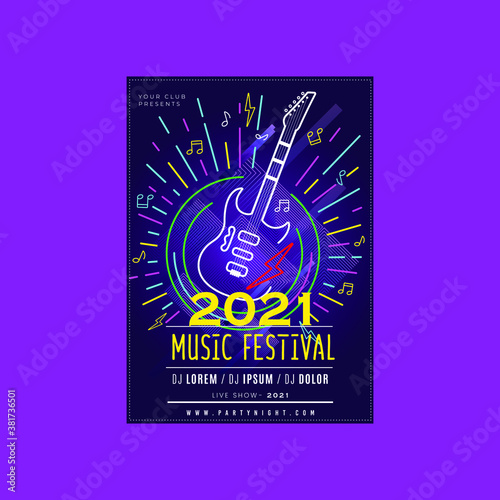 2021-illustrated-music-festival-poster,flyer,banner with-electric-guitar. Vector holiday illustration, Invitation to nightclub