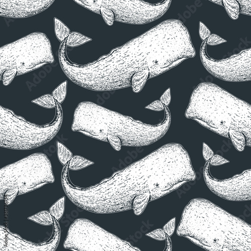 Sperm whale seamless pattern. Hand drawn sketch style. Cachalot vector illustration.