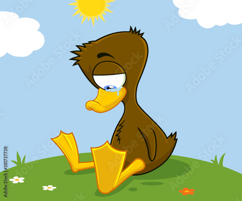 Ugly Duckling Cartoon Character Crying. Vector Illustration With Landscape Background