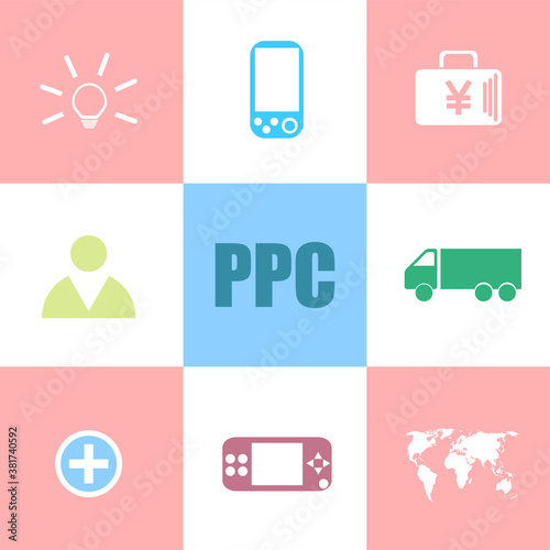 Text PPC. Pay per click. Itconcept . Can be used for workflow layout, diagram, business step options, banner photo