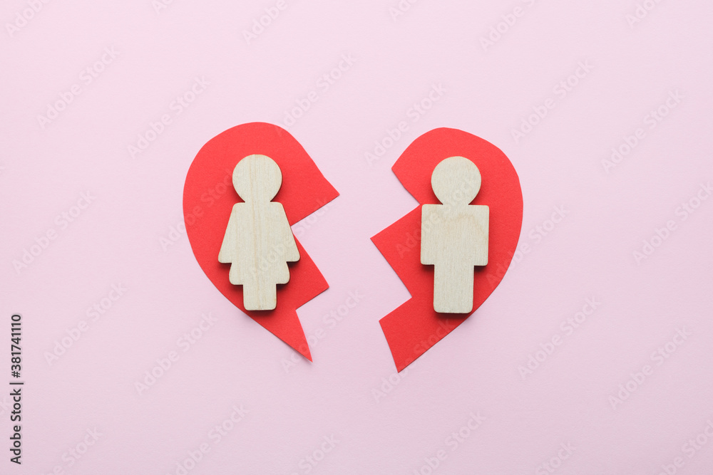 broken heart and couple isolated on pink background, divorce, family problems and breakup concept broken heart and couple isolated on pink background, divorce, family problems and breakup concept