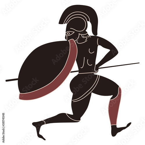 Running ancient Greek warrior in helmet with shield and spear. 