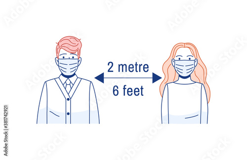 Social distancing thin line infographic icon. People girl man portraits in surgical face mask distance 2 meter 6 feet. Health protection concept Epidemic prevention Outline medical vector illustration