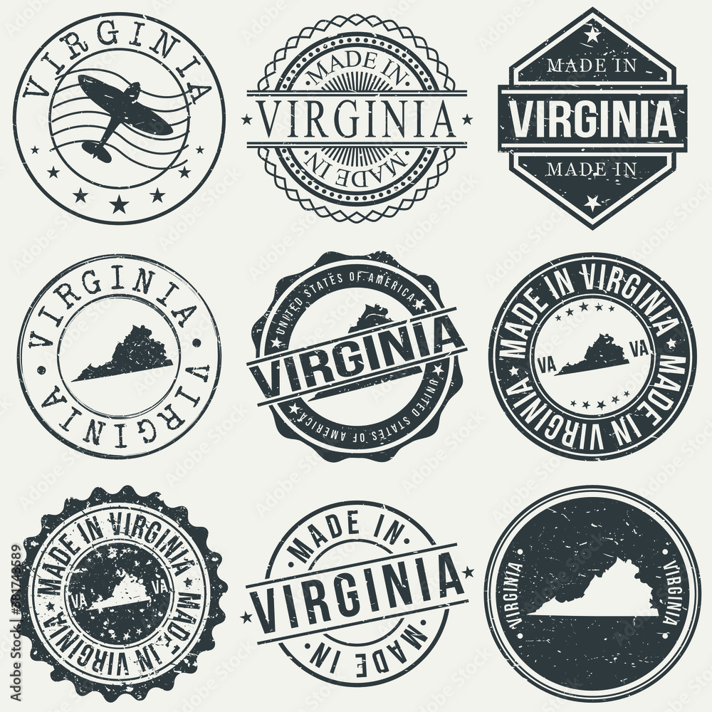Virginia Set of Stamps. Travel Stamp. Made In Product. Design Seals Old Style Insignia.