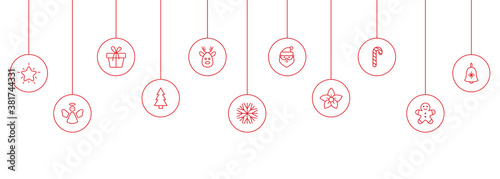 Holiday baubles with snowflake, santa, christmas tree, reindeer, candy cane, angel, gift box. Christmas red balls hanging on white background. New year card. Party design elements. Vector illustration