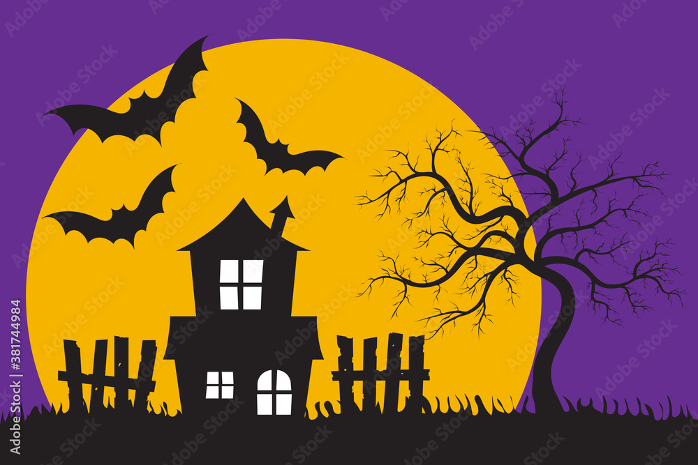 Halloween scary scene with old haunted house silhouette in front of the big moon and the purple sky with bats. Halloween holiday concept vector illustration Halloween scary scene with old haunted house silhouette in front of the big moon and the purple sky with bats. Halloween holiday concept vector illustration