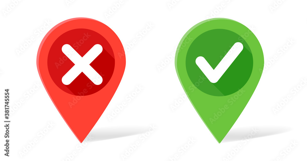 Map pointer in red and green colors with check mark and crosses. Vector flat illustrations.