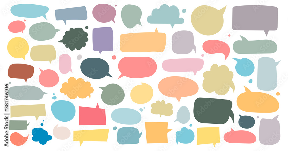 Big set of dialog boxes different variants drawn by hand. Vector flat illustrations. Collection pastel colors doodle for talk, dialogue, decoration on white background Big set of dialog boxes different variants drawn by hand. Vector flat illustrations. Collection pastel colors doodle for talk, dialogue, decoration on white background