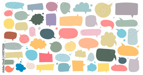 Big set of dialog boxes different variants drawn by hand. Vector flat illustrations. Collection pastel colors doodle for talk, dialogue, decoration on white background