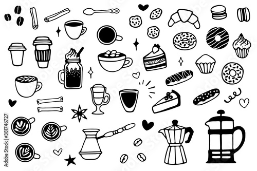 Vector coffee set with different drinks: cappuccino, espresso, hot chocolate; coffee makers: cezve, moka, French press and desserts. Hand drawn, doodle elements isolated on white background