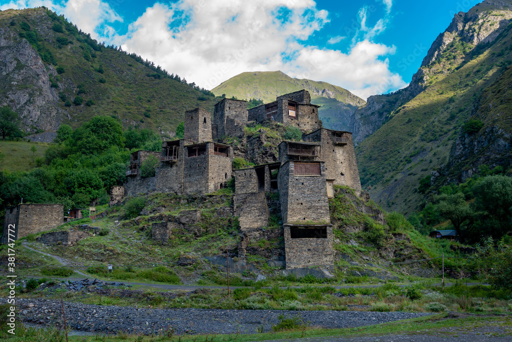 Old Fortress in mountain village Shatili, ruins of medieval castle