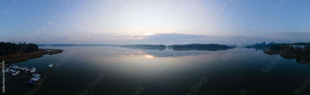 Panorama of an early foggy morning captured using a drone in Espoo, Helsinki, Finland