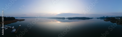 Panorama of an early foggy morning captured using a drone in Espoo, Helsinki, Finland