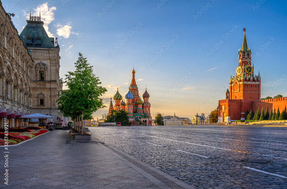 Saint Basil's Cathedral, Spasskaya Tower and Red Square in Moscow, Russia. Architecture and landmarks of Moscow.