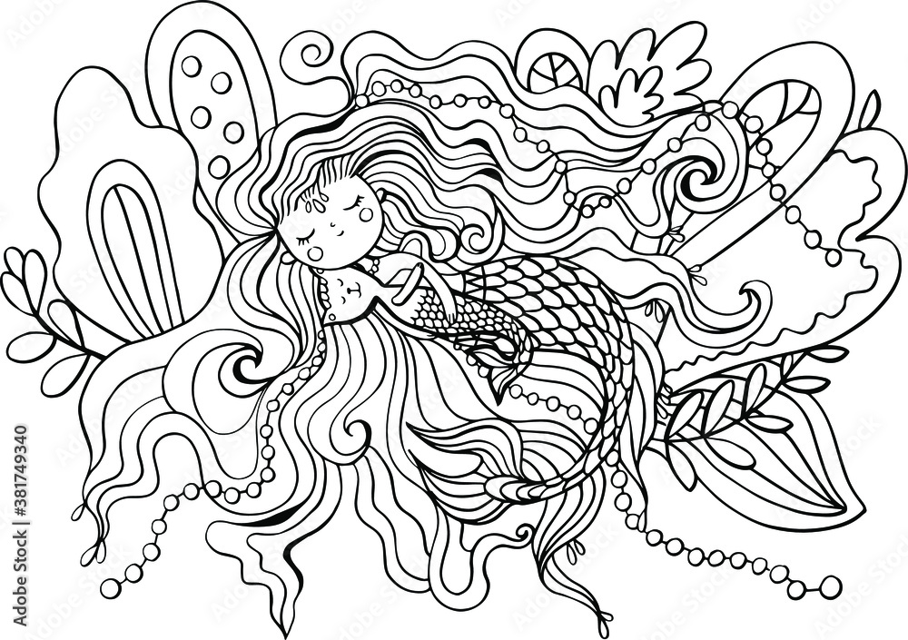 coloring book with a beautiful mermaid girl who hugs a mermaid cat. Fabulous illustration for coloring. Hand drawing