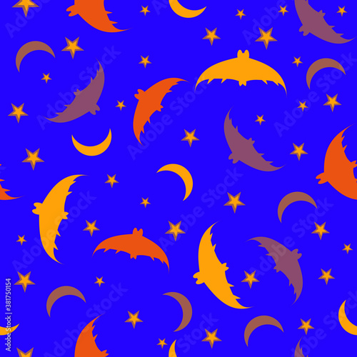 Bats with moon and stars on a purple background. Ideas for Halloween. Seasonal seamless pattern. For fabric, textile and background. Vector illustration.
