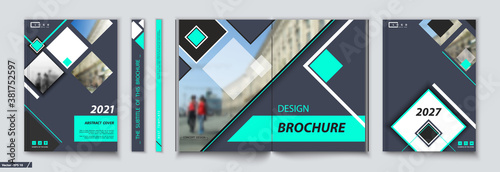 A4 brochure business cover design. People walk around the city. catalog, magazine layout. Printed product, booklet, album. Text, font, city. White line advertising, turquoise rhombus shape, logo icon