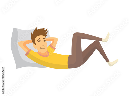 Home leisure. Boy lying on a pillow and rested. Young people leisure time. Staying at home. Enjoyed leisure time alone