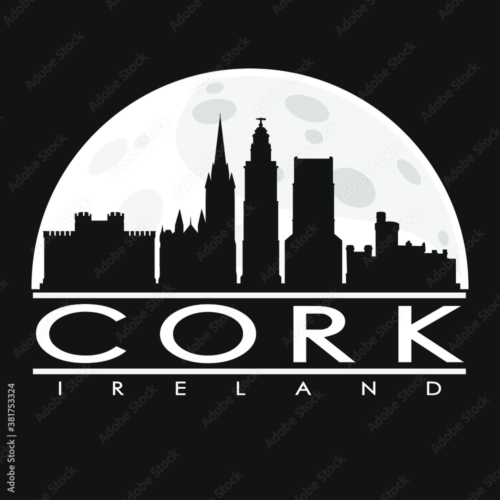 Cork Ireland Skyline City Flat Silhouette Design Background.