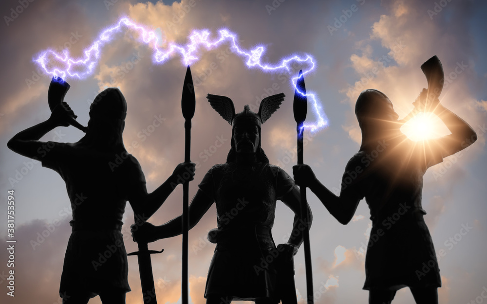Two guards with spears are trumpeting in horns, mythical Old Norse God Odin is standing between them, bright sun, striking lightning, Norsemen, vikings theme, cloudy sky