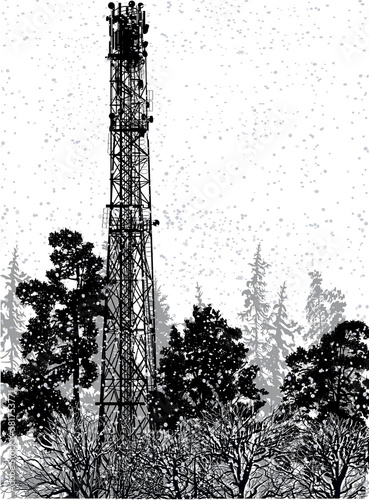 telecommunications tower silhouettes in forest under snowfall