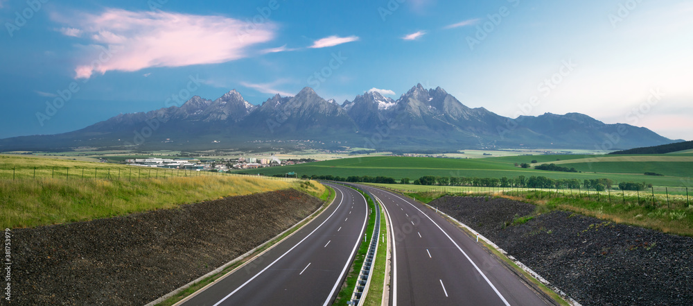 Sunrise panorama view and road to High Tatras mountains in Slovakia